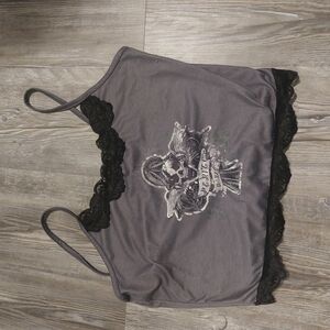 Gray Tank Top with Black Lace Trim